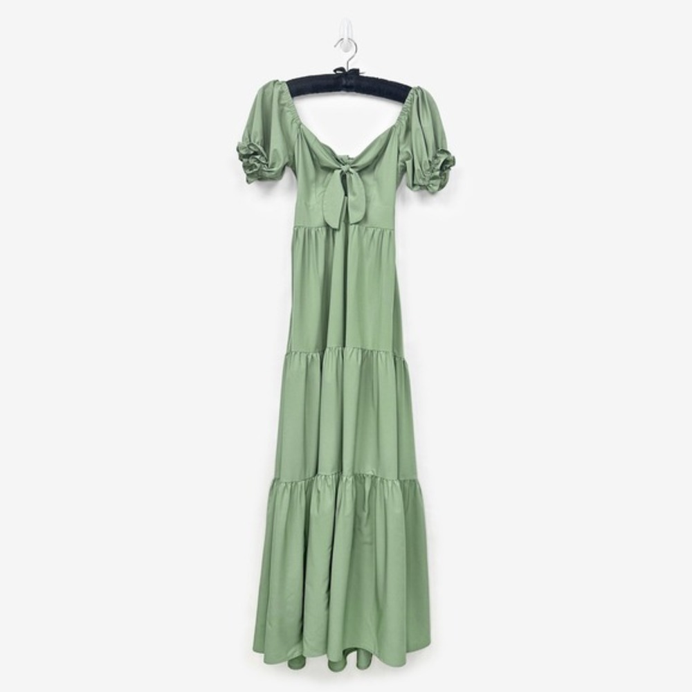 Mar De Lua x Theme Dresser Tiered Maxi Dress OS Sage‎ Green Boho Beachy Resort